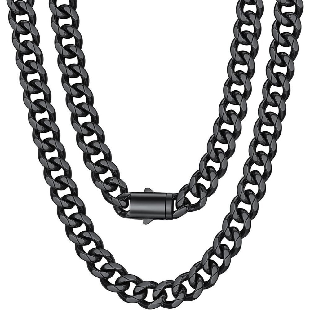 Men's 12MM Width-Black Stainless Steel Miami Cuban Curb Link Chain Necklace